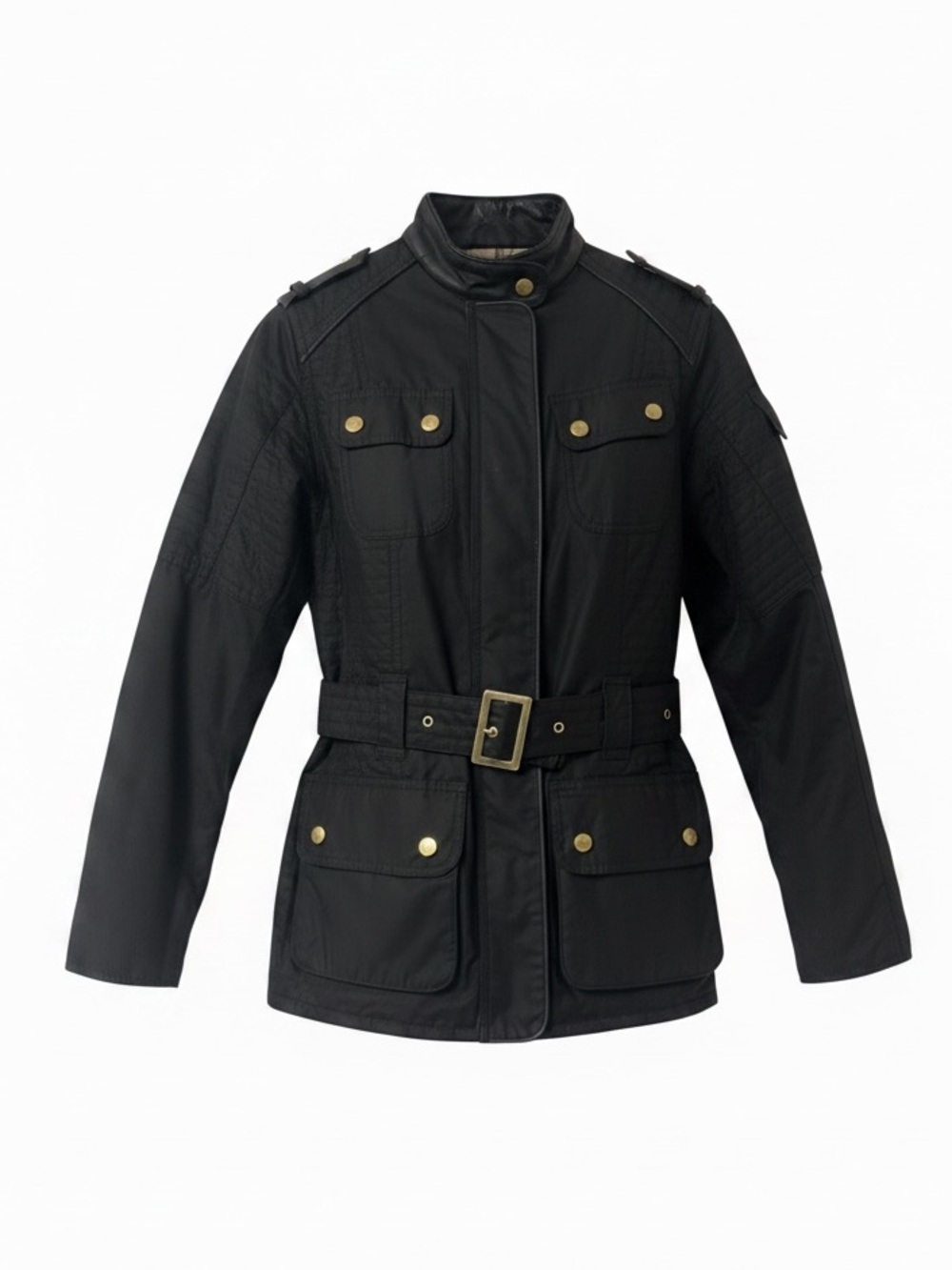 Barbour International Wax Jacket UK 12 Black Belted Leather trim Biker Style